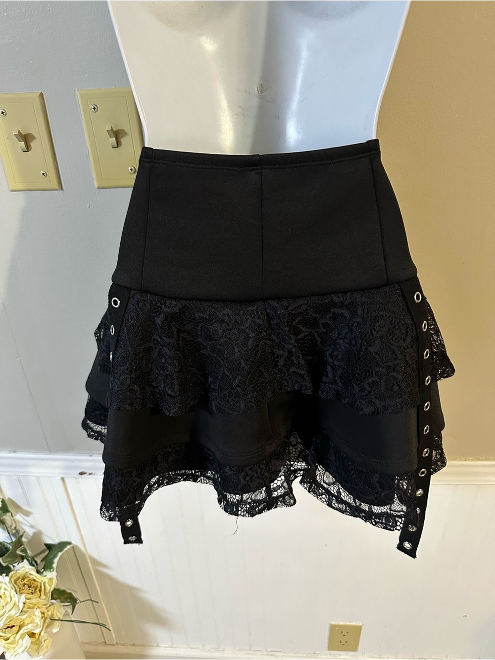 Hot Topic Black Lace Tiered Mini Skirt with Buckle Straps - Picture 6 of 6
